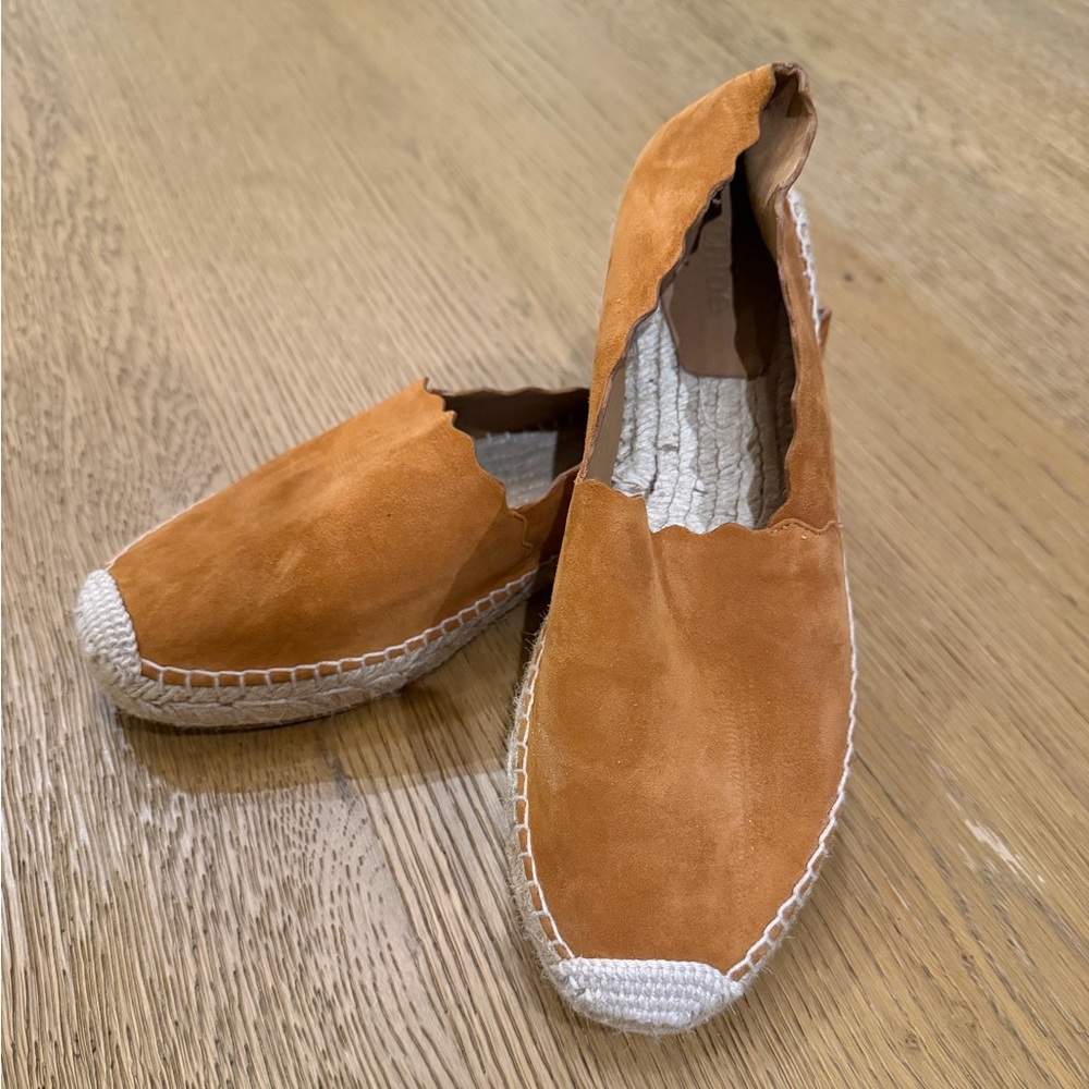 Chloe Scallop Edge Lauren Espadrille Flats in Cognac/Orange/Ochre Suede